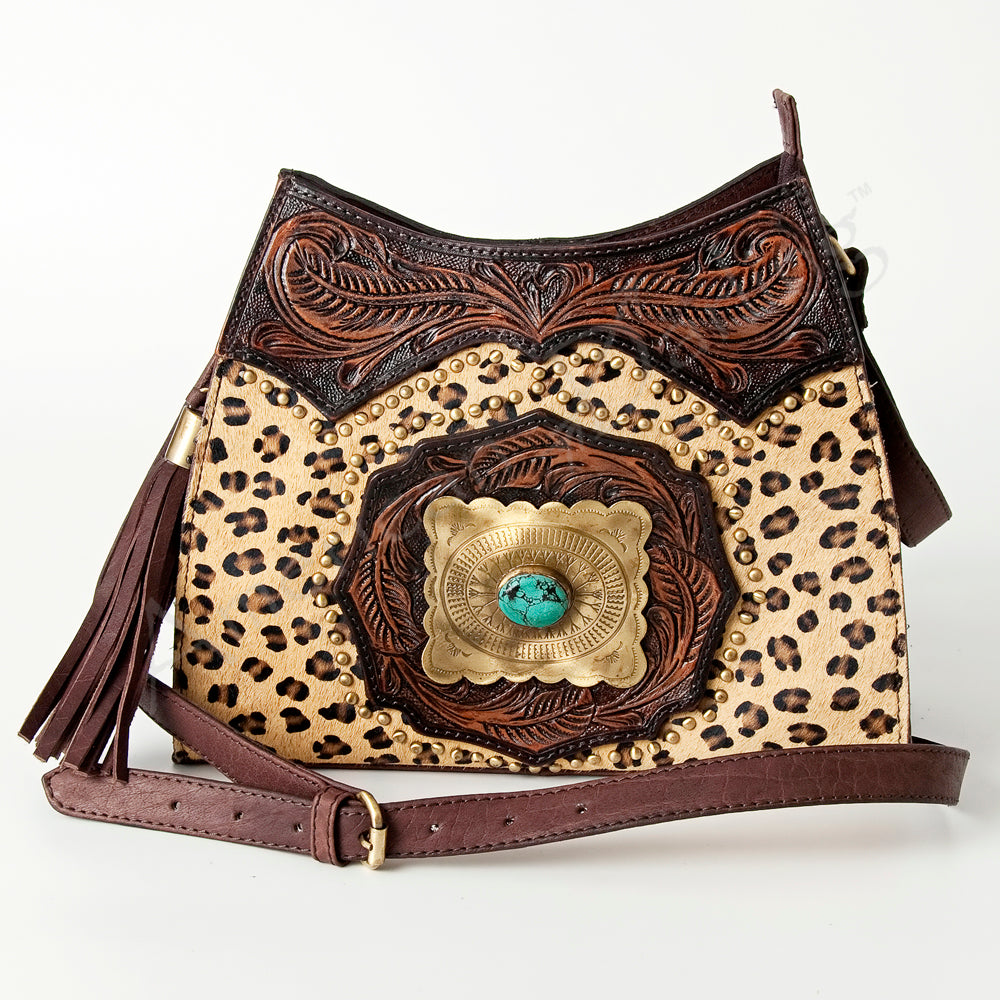 ADBGI165 Natural Hair on Tooled Leather Bag - Turquoise Concho & Stud Accent