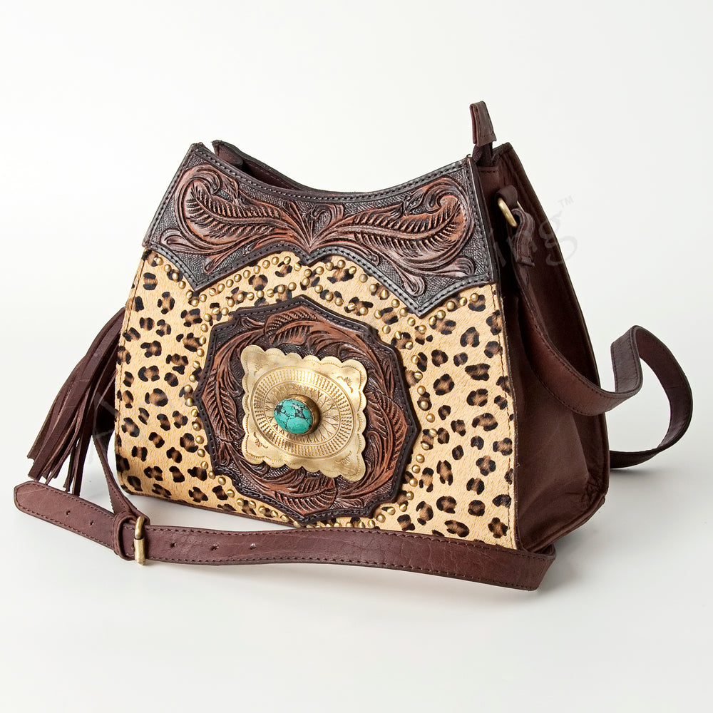 ADBGI165 Natural Hair on Tooled Leather Bag - Turquoise Concho & Stud Accent