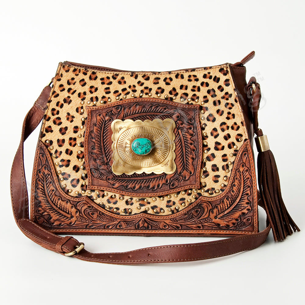 ADBGI166 Natural Hair On Tooled Leather Crossbody - Turquoise Concho Accent