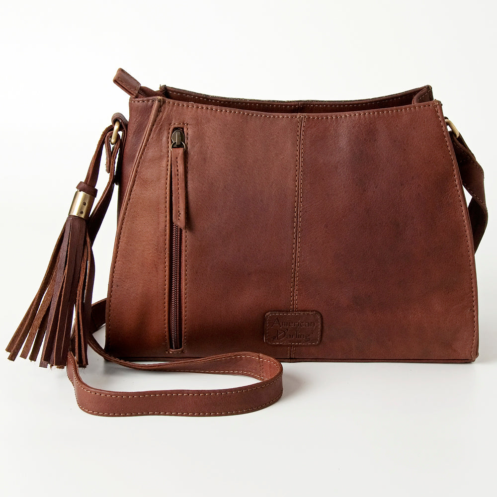 ADBGI166 Natural Hair On Tooled Leather Crossbody - Turquoise Concho Accent