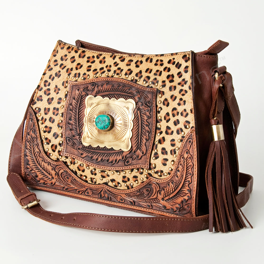 ADBGI166 Natural Hair On Tooled Leather Crossbody - Turquoise Concho Accent