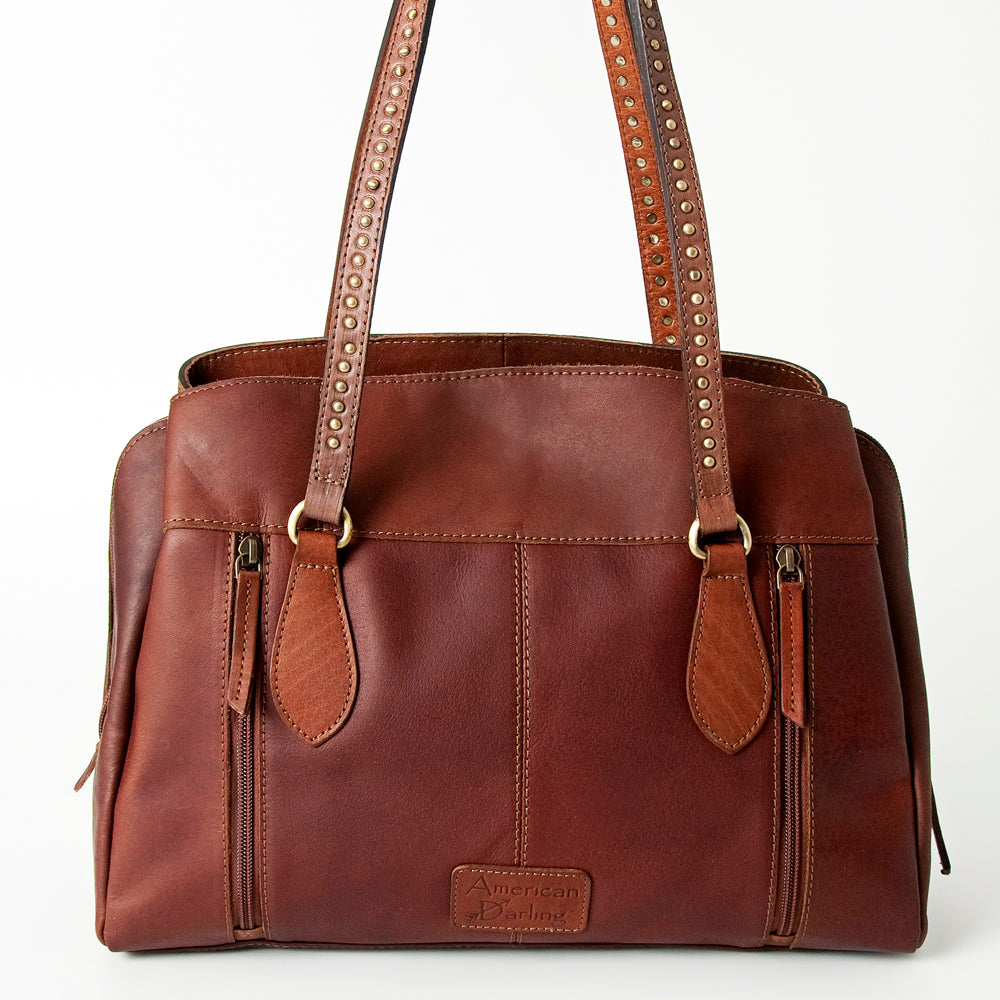 ADBGI171 Hair-On Cowhide Western Tote - Tooled Leather & Turquoise Concho Accent