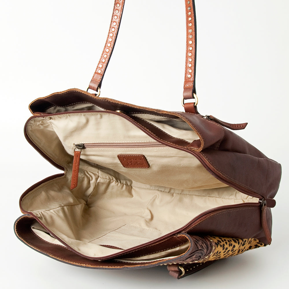ADBGI171 Hair-On Cowhide Western Tote - Tooled Leather & Turquoise Concho Accent