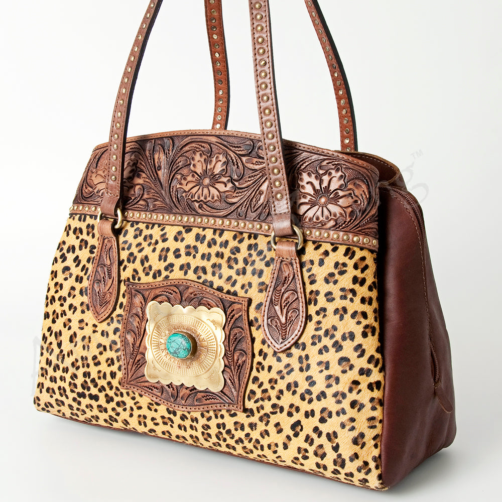 ADBGI171 Hair-On Cowhide Western Tote - Tooled Leather & Turquoise Concho Accent