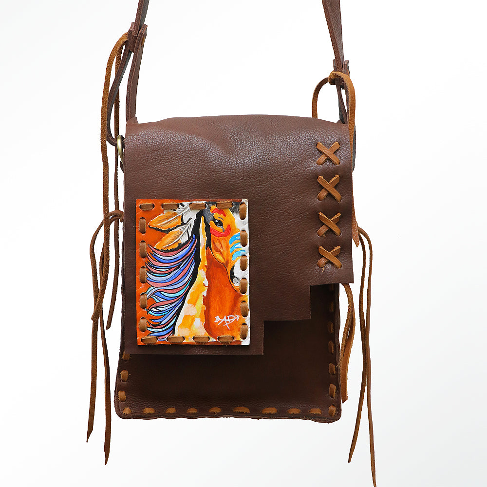 ADBGM115 Hand-Painted Leather Crossbody Bag - Western Artwork with Laced Stitching