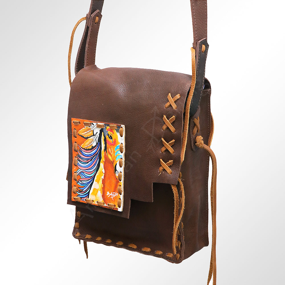 ADBGM115 Hand-Painted Leather Crossbody Bag - Western Artwork with Laced Stitching