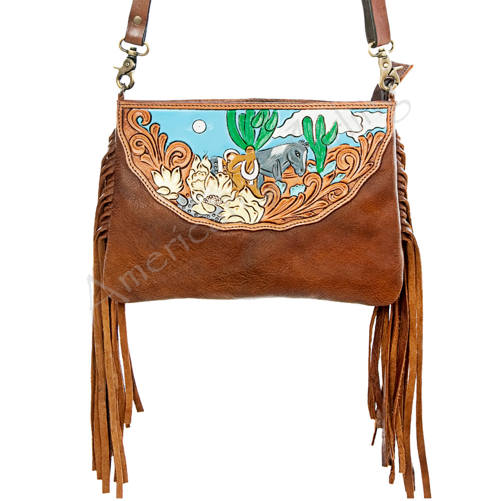 LC-ADBGA156 Tooled Leather Crossbody with Fringe Western Brown Shoulder Bag