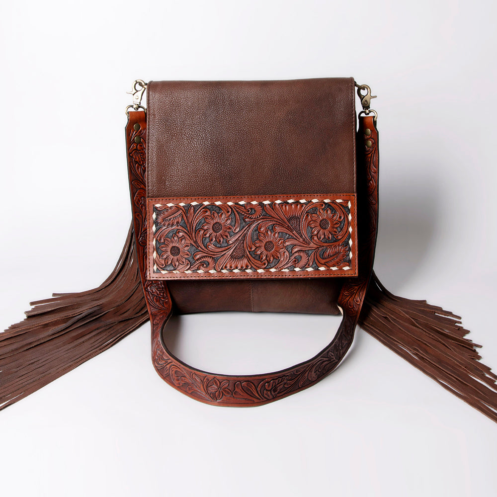 LC-ADBGA161 Tooled Leather Messenger Bag Brown Fringe Western Shoulder Purse