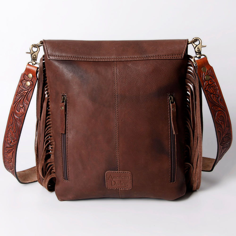 LC-ADBGA161 Tooled Leather Messenger Bag Brown Fringe Western Shoulder Purse