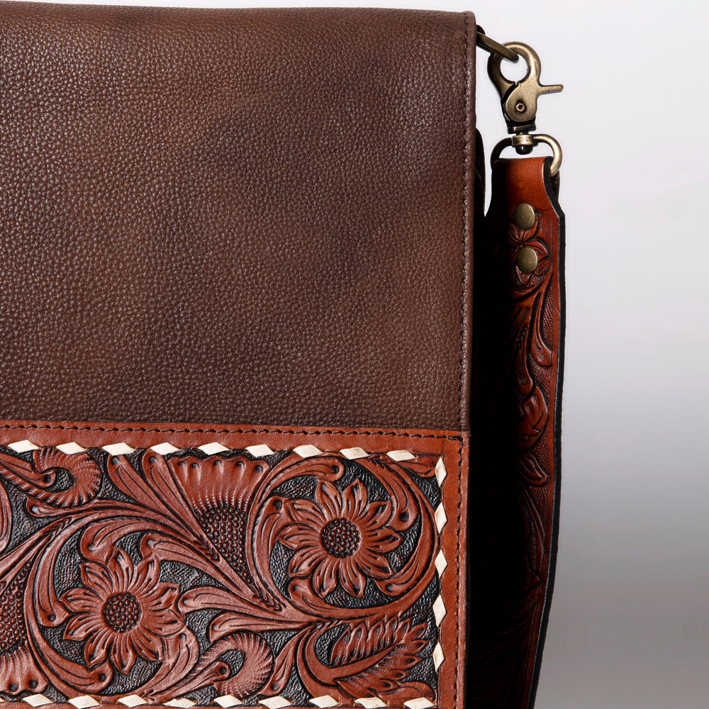 LC-ADBGA161 Tooled Leather Messenger Bag Brown Fringe Western Shoulder Purse