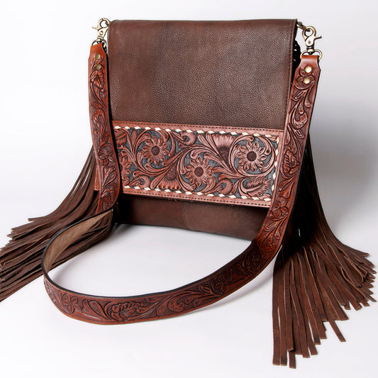 LC-ADBGA161 Tooled Leather Messenger Bag Brown Fringe Western Shoulder Purse