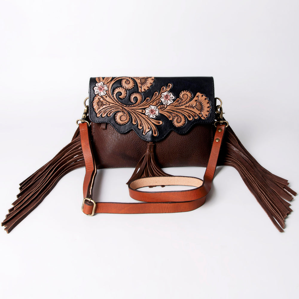 LC-ADBGA162 Black & Brown Tooled Leather Floral Fringe Crossbody Bag with Scalloped Flap