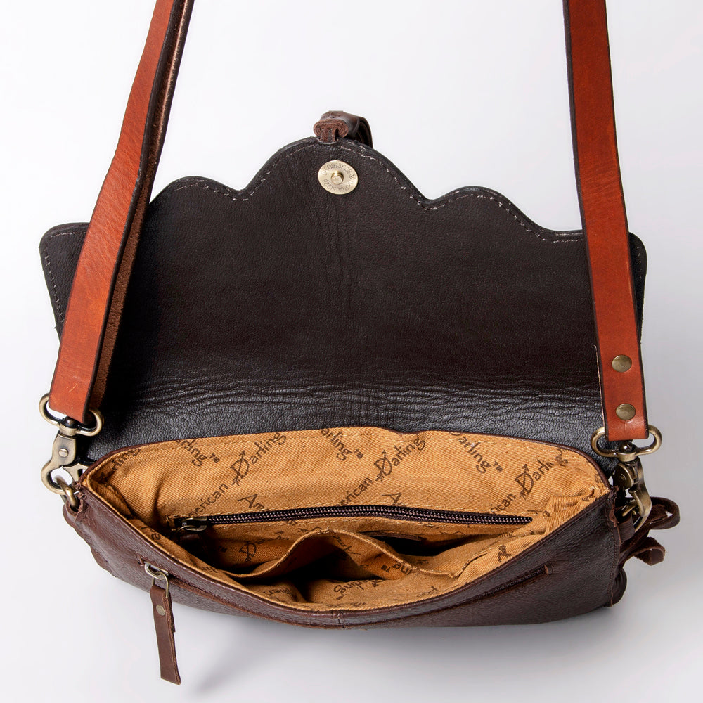 LC-ADBGA162 Black & Brown Tooled Leather Floral Fringe Crossbody Bag with Scalloped Flap