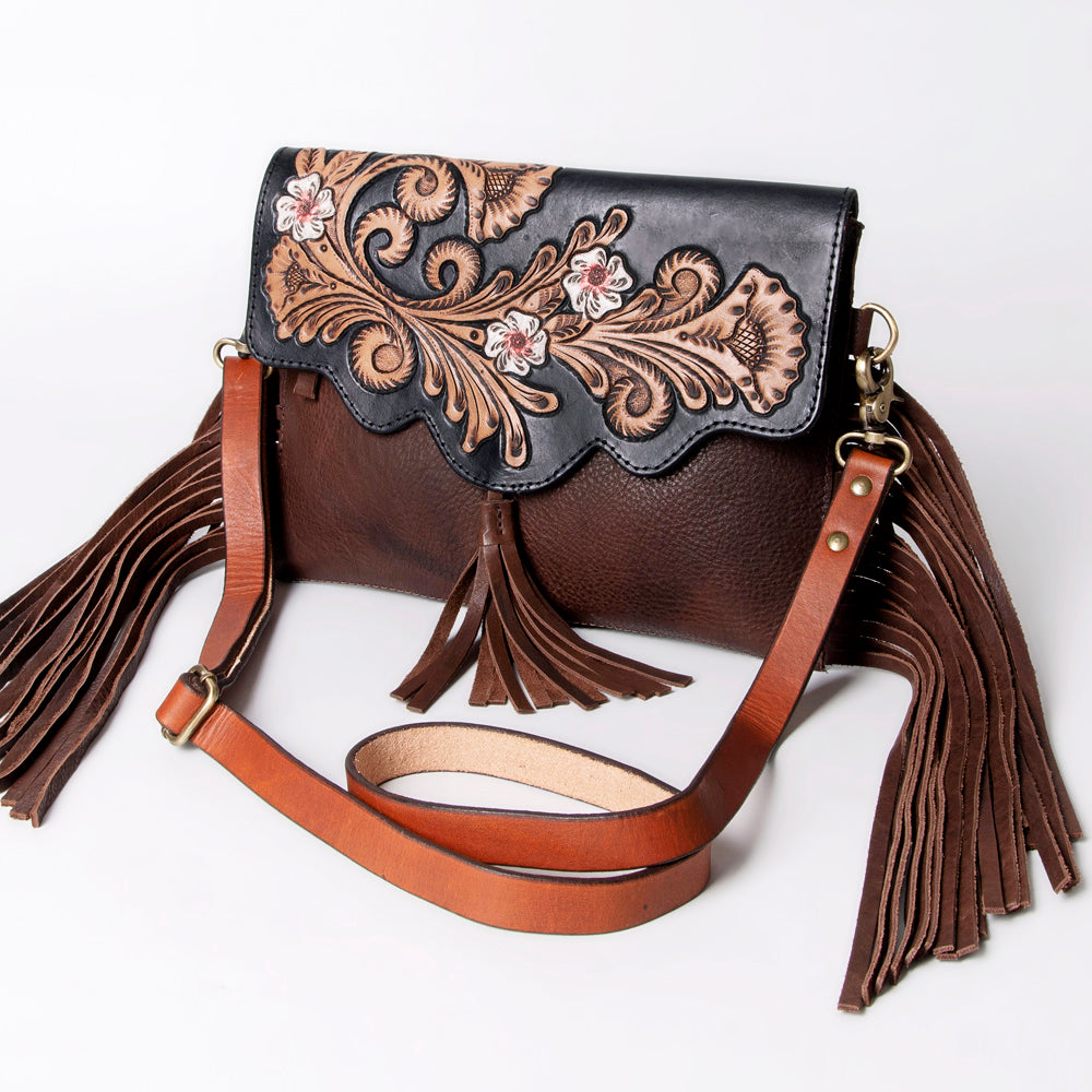 LC-ADBGA162 Black & Brown Tooled Leather Floral Fringe Crossbody Bag with Scalloped Flap