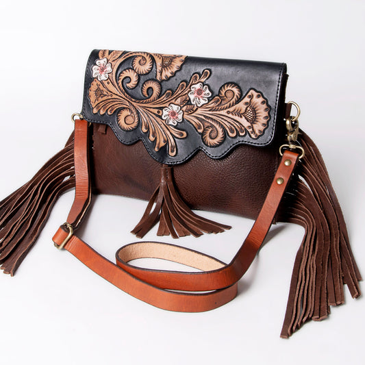 LC-ADBGA162 Black & Brown Tooled Leather Floral Fringe Crossbody Bag with Scalloped Flap