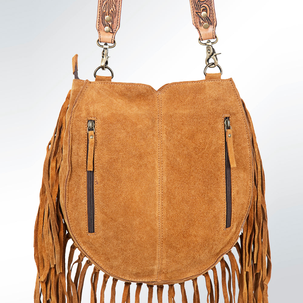 LC-ADBGA165 Tooled Leather & Genuine suede Fringe Bag with Feather Inlay Western Heart-Shaped Flap
