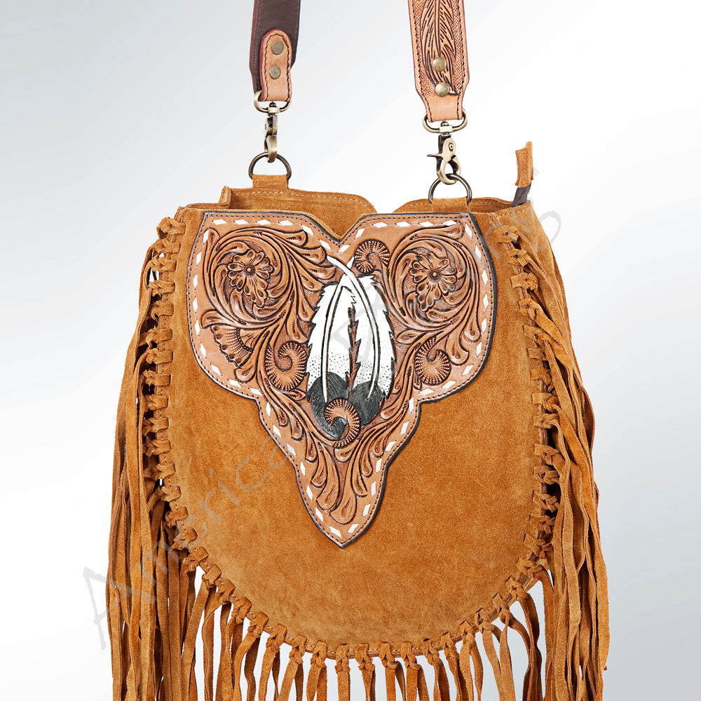 LC-ADBGA165 Tooled Leather & Genuine suede Fringe Bag with Feather Inlay Western Heart-Shaped Flap