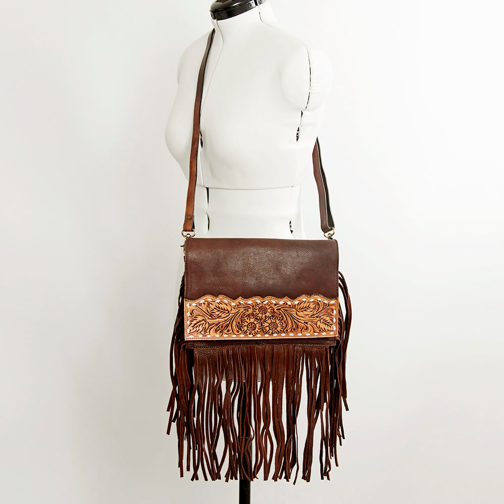 LC-ADBGA167 Hand-Tooled Leather Fringe Crossbody Bag Dark Brown Western Floral Flap