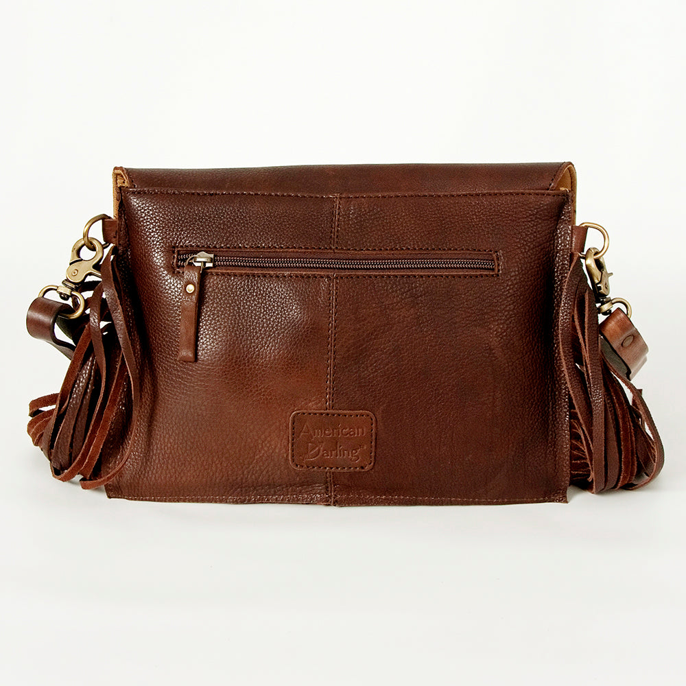 LC-ADBGA167 Hand-Tooled Leather Fringe Crossbody Bag Dark Brown Western Floral Flap