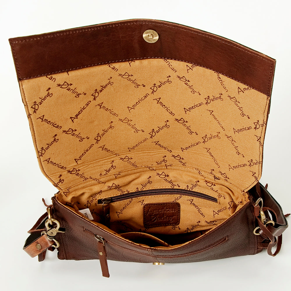 LC-ADBGA167 Hand-Tooled Leather Fringe Crossbody Bag Dark Brown Western Floral Flap