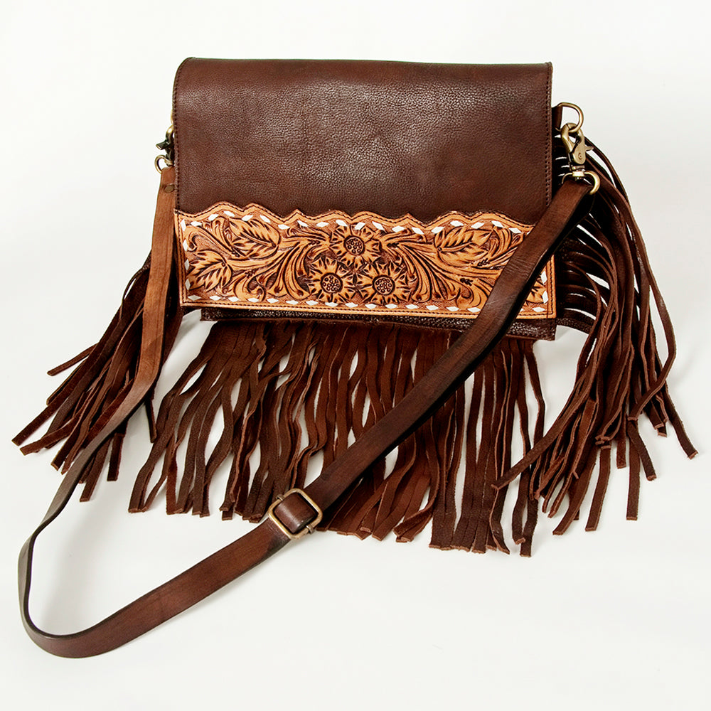 LC-ADBGA167 Hand-Tooled Leather Fringe Crossbody Bag Dark Brown Western Floral Flap