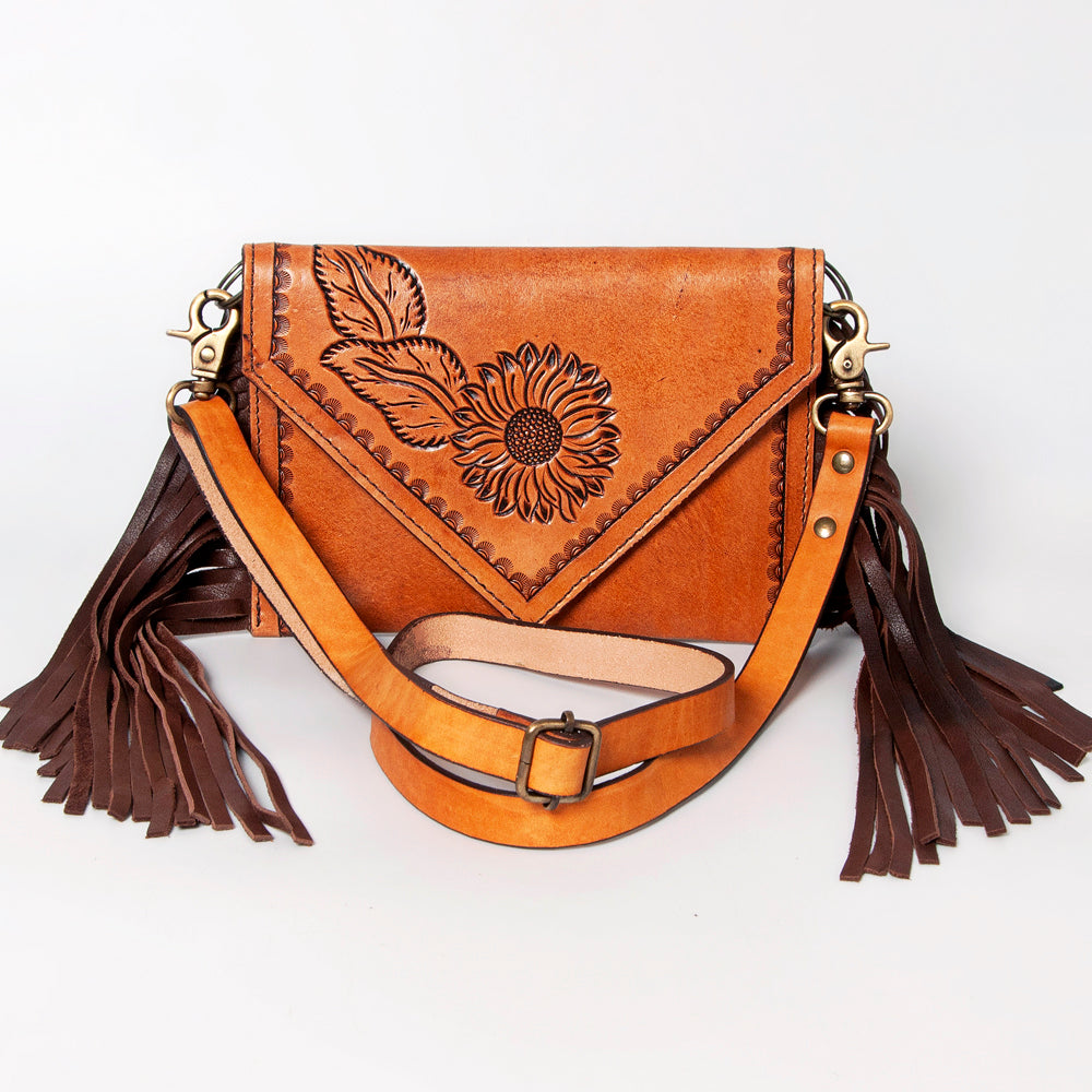 LC-ADBGA168 Hand-Tooled Sunflower Leather Envelope Crossbody with Fringe Tan & Brown