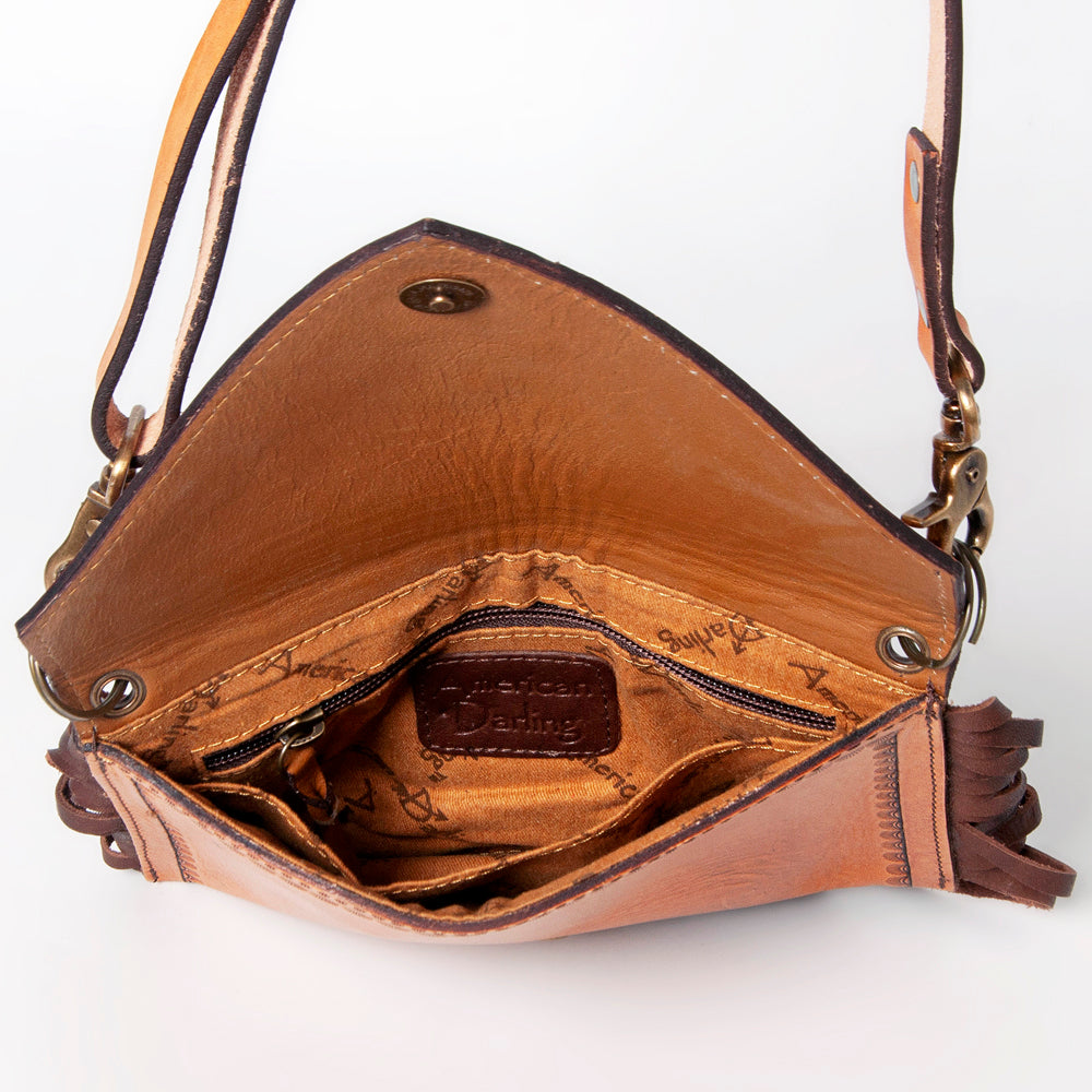 LC-ADBGA168 Hand-Tooled Sunflower Leather Envelope Crossbody with Fringe Tan & Brown