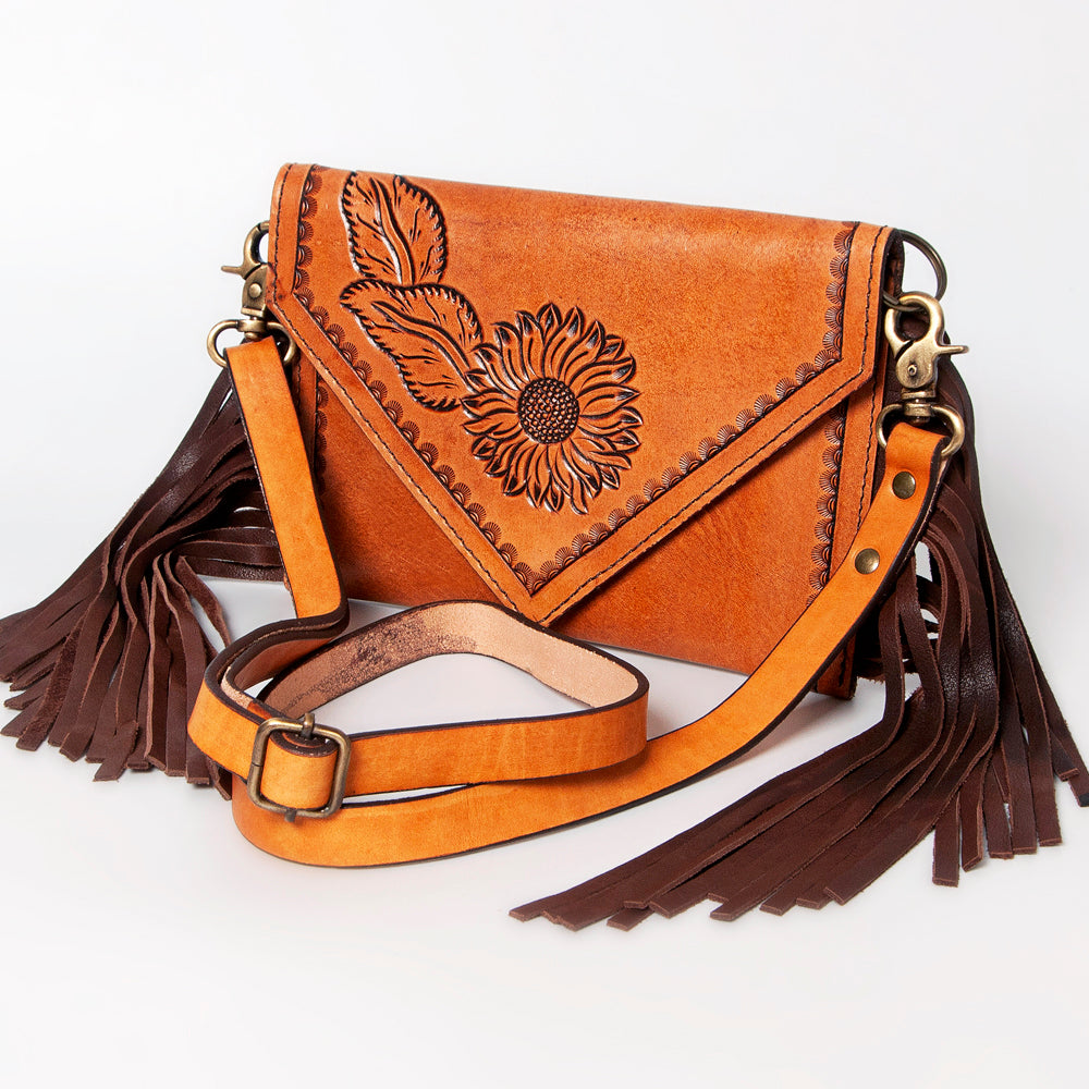 LC-ADBGA168 Hand-Tooled Sunflower Leather Envelope Crossbody with Fringe Tan & Brown