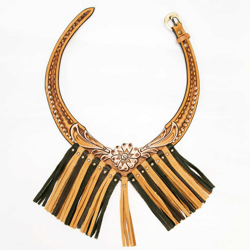 LC-ADJWF101 Western Tooled Leather Collar with Tan & Black Fringe and Floral Center Jewelry Necklace