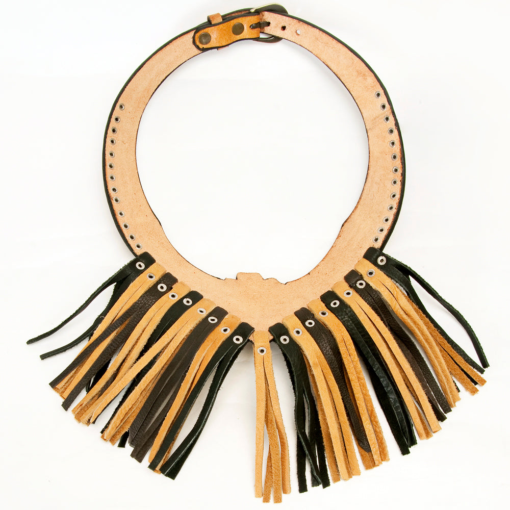 LC-ADJWF101 Western Tooled Leather Collar with Tan & Black Fringe and Floral Center Jewelry Necklace