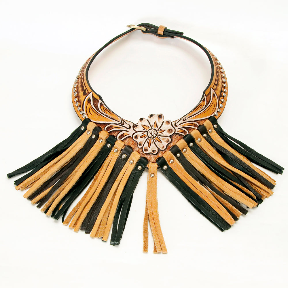 LC-ADJWF101 Western Tooled Leather Collar with Tan & Black Fringe and Floral Center Jewelry Necklace