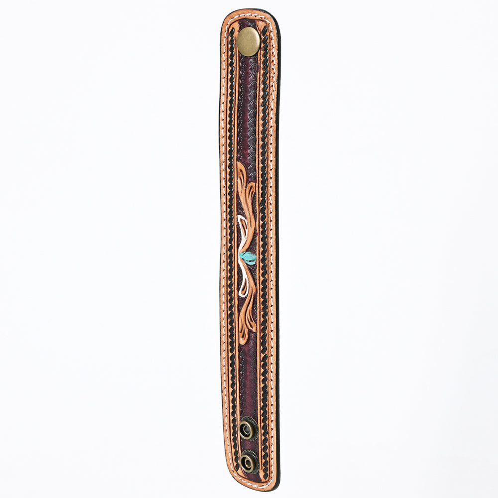 LC-ADBRF149 Hand Tooled Leather Cuff Bracelet - Floral Scroll with Turquoise Accent & Braided Border