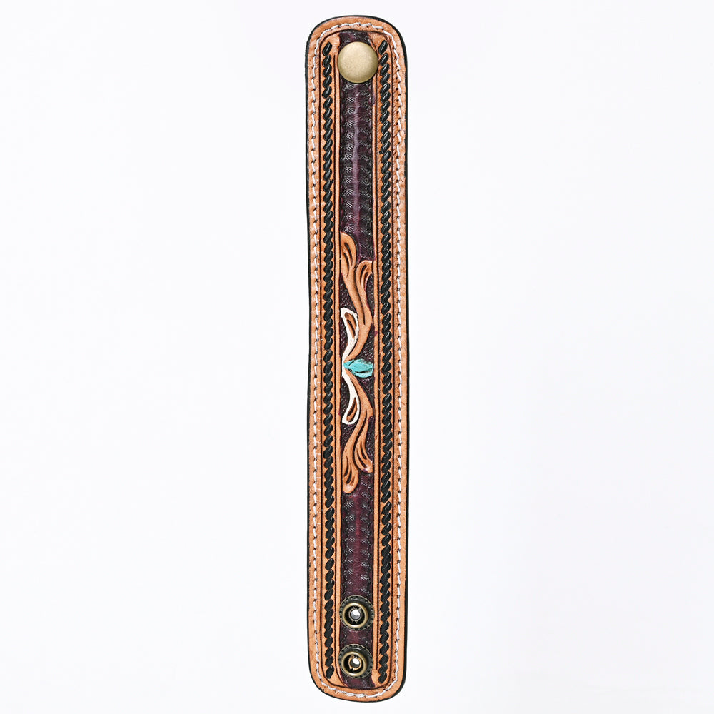 LC-ADBRF149 Hand Tooled Leather Cuff Bracelet - Floral Scroll with Turquoise Accent & Braided Border