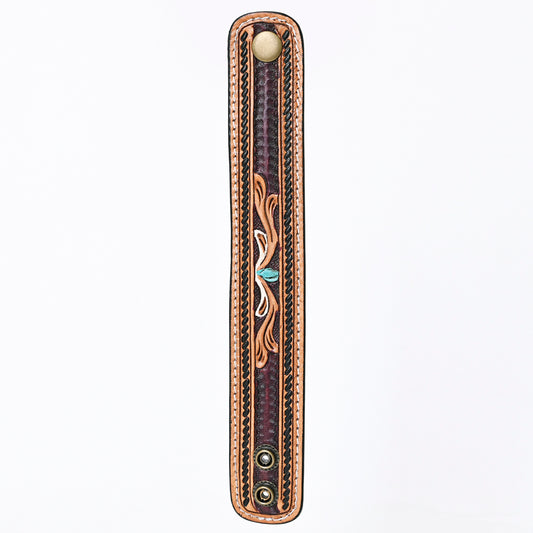 LC-ADBRF149 Hand Tooled Leather Cuff Bracelet - Floral Scroll with Turquoise Accent & Braided Border