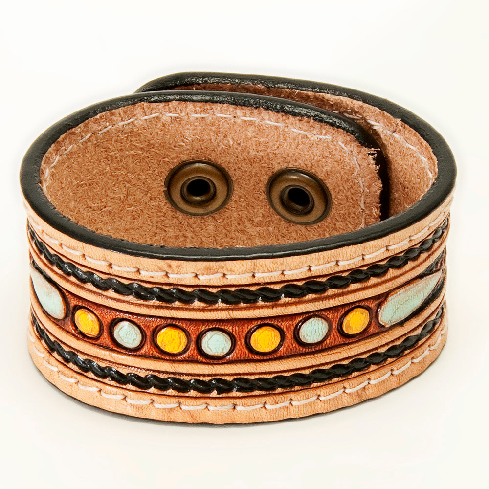 LC-ADBRF150 Hand Tooled Leather Cuff Bracelet - Floral Scroll with Color Dot Inlay & Braided Edge