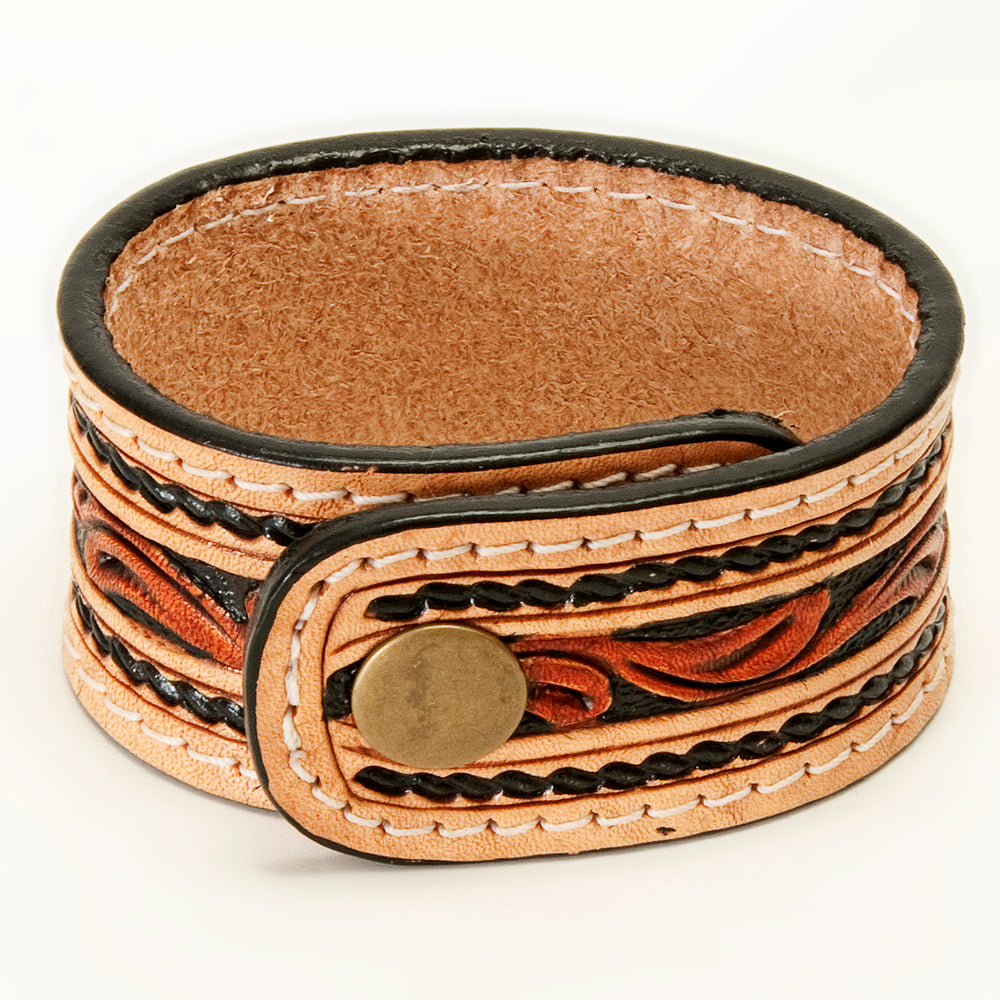 LC-ADBRF150 Hand Tooled Leather Cuff Bracelet - Floral Scroll with Color Dot Inlay & Braided Edge