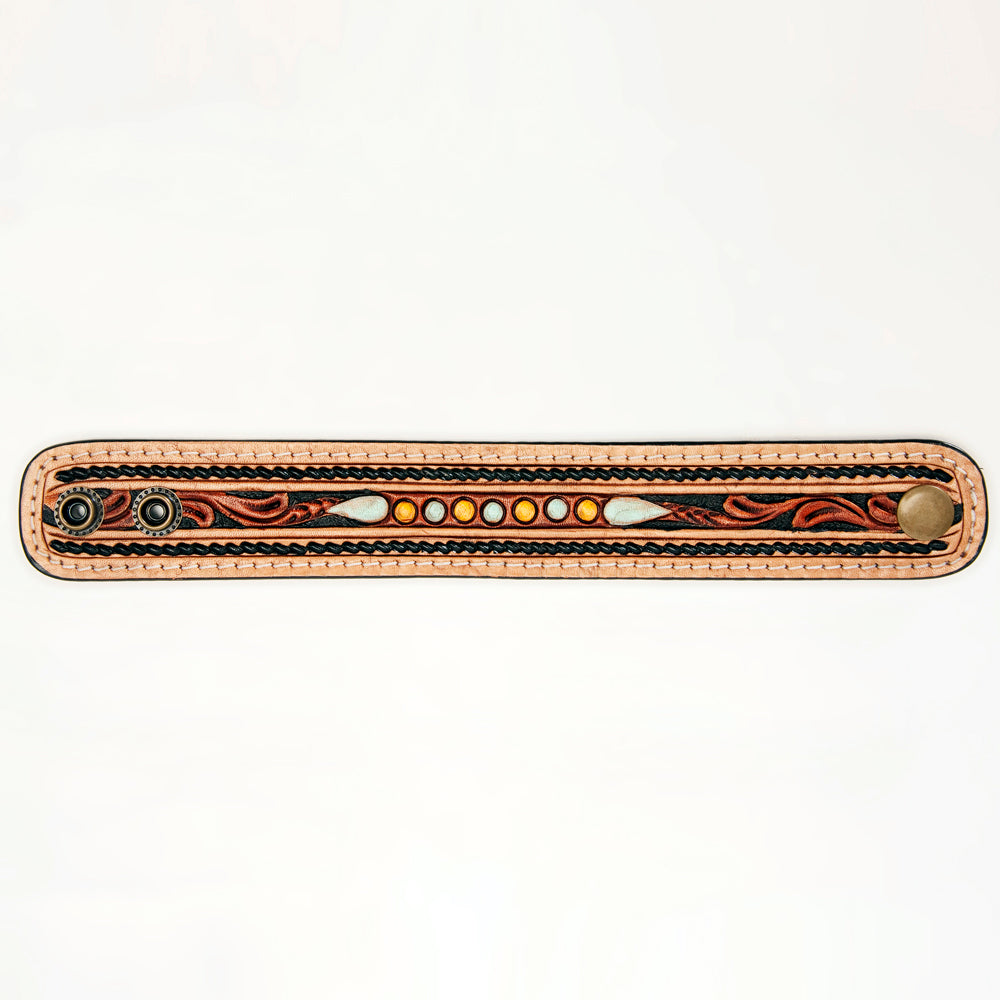 LC-ADBRF150 Hand Tooled Leather Cuff Bracelet - Floral Scroll with Color Dot Inlay & Braided Edge