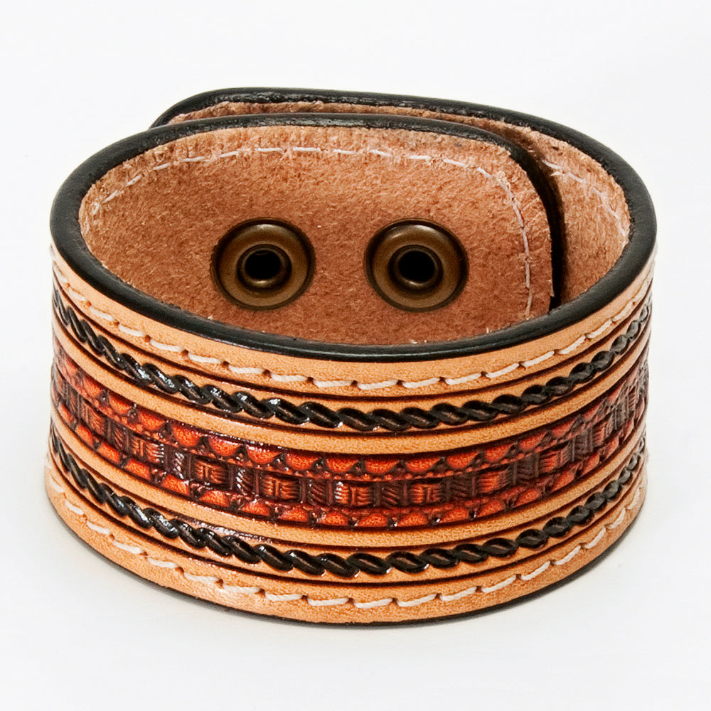 LC-ADBRF151 Hand Tooled Leather Cuff Bracelet - Basketweave Center with Braided Edge
