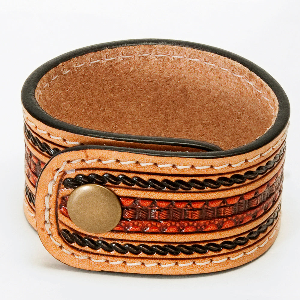 LC-ADBRF151 Hand Tooled Leather Cuff Bracelet - Basketweave Center with Braided Edge