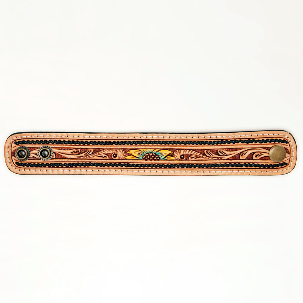 LC-ADBRF152 Hand Tooled Leather Cuff Bracelet - Sunflower Floral Design with Braided Edge