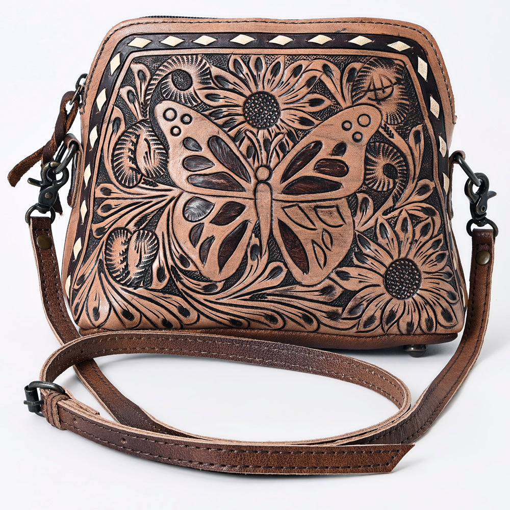 ADBG665 Hand-Tooled Leather Crossbody Bag with Butterfly & Floral Design