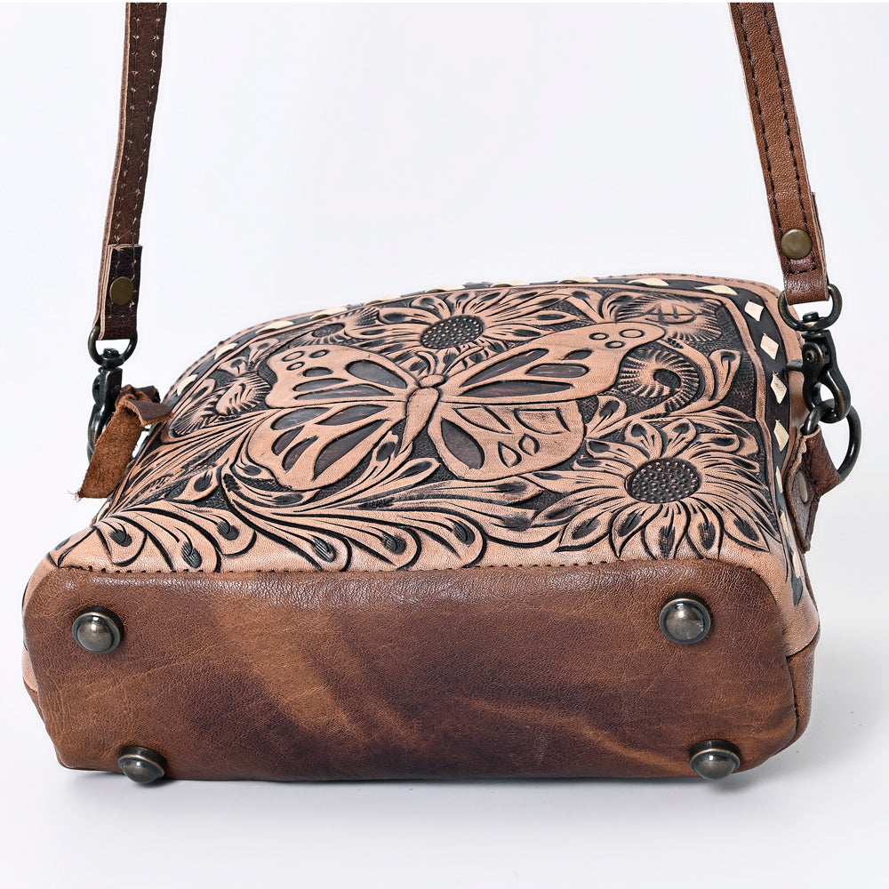 ADBG665 Hand-Tooled Leather Crossbody Bag with Butterfly & Floral Design