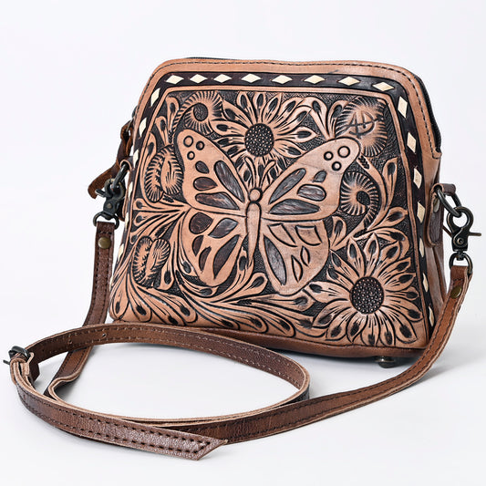 ADBG665 Hand-Tooled Leather Crossbody Bag with Butterfly & Floral Design
