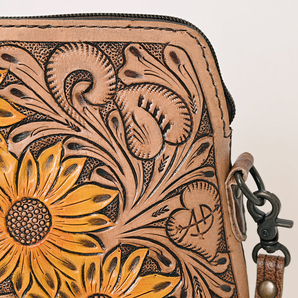 ADBG666 Hand-Tooled Leather Crossbody Bag with Sunflower Floral Design