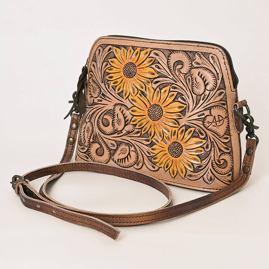 ADBG666 Hand-Tooled Leather Crossbody Bag with Sunflower Floral Design