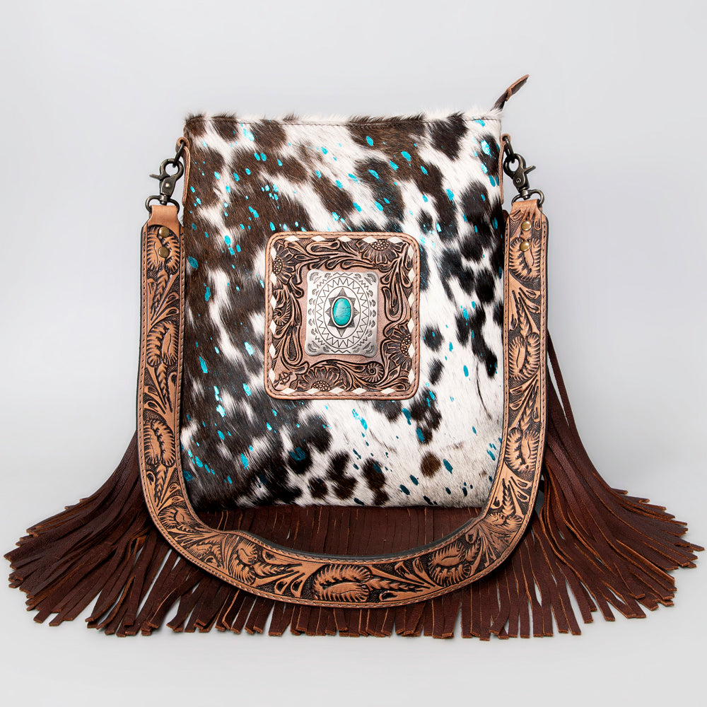 ADBGS192 Cowhide Large Crossbody Bag with Tooled Patch, Fringe & Floral Strap - Western Hand Purse
