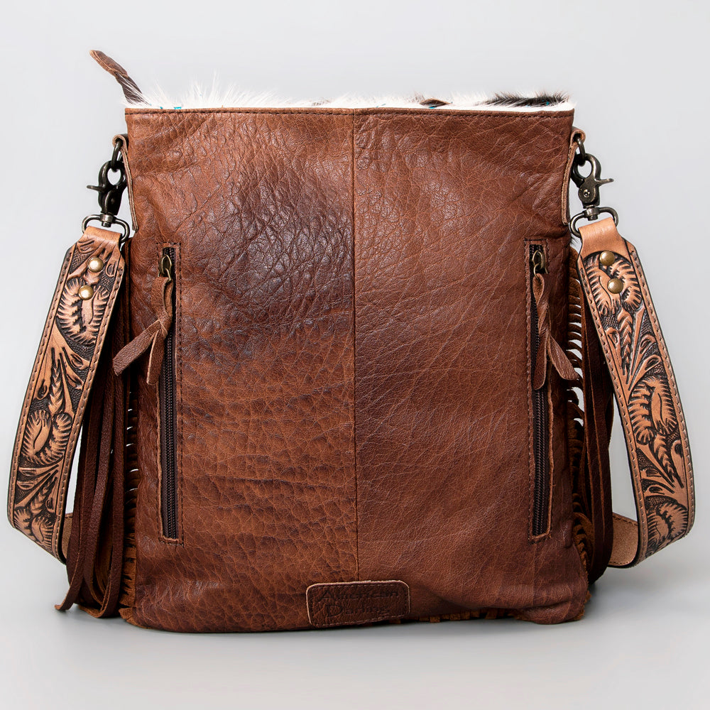 ADBGS192 Cowhide Large Crossbody Bag with Tooled Patch, Fringe & Floral Strap - Western Hand Purse