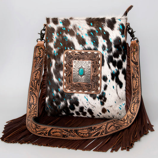 ADBGS192 Cowhide Large Crossbody Bag with Tooled Patch, Fringe & Floral Strap - Western Hand Purse