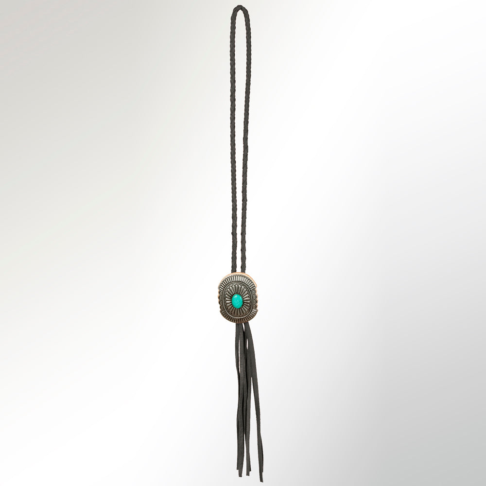 LC-ADJW107B Antique Black Western Jewelry Necklace with Oval Turquoise Stone & Braided Leather Cord