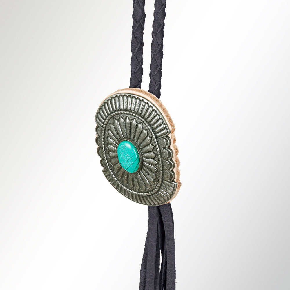 LC-ADJW107B Antique Black Western Jewelry Necklace with Oval Turquoise Stone & Braided Leather Cord